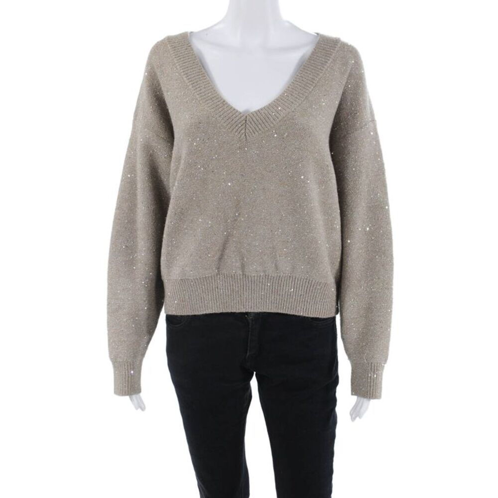 FRNCH Women V-Neck Pullover Beige Long Sleeve Size S